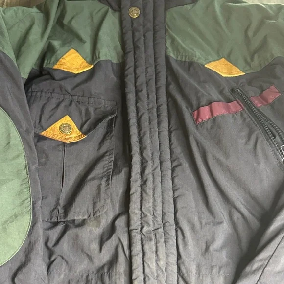 Vintage 70’s Shedrow Classics Men's Black and Green Ski Jacket with Leather Trim